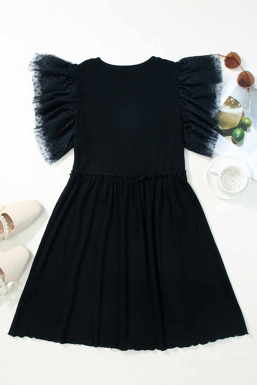 Black Dotty Mesh Ruffle Sleeve Ribbed Knit Babydoll Mini Dress - loveforevers