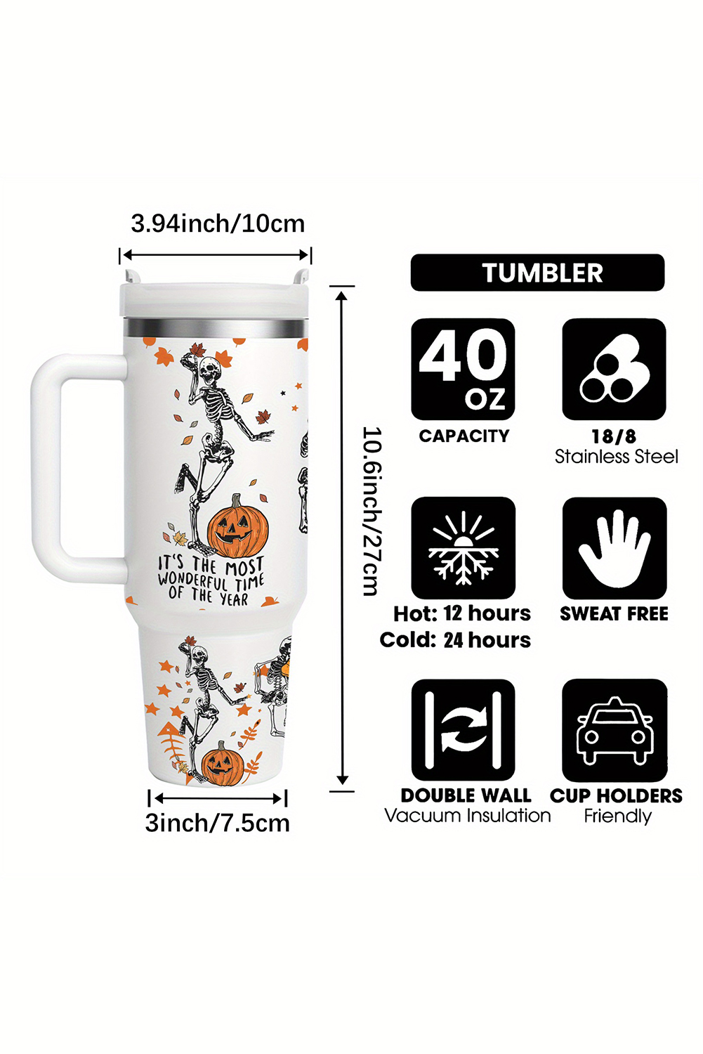 White 1200ml Halloween Dancing Skeleton Pumpkin Face Printed Thermos Cup - loveforevers