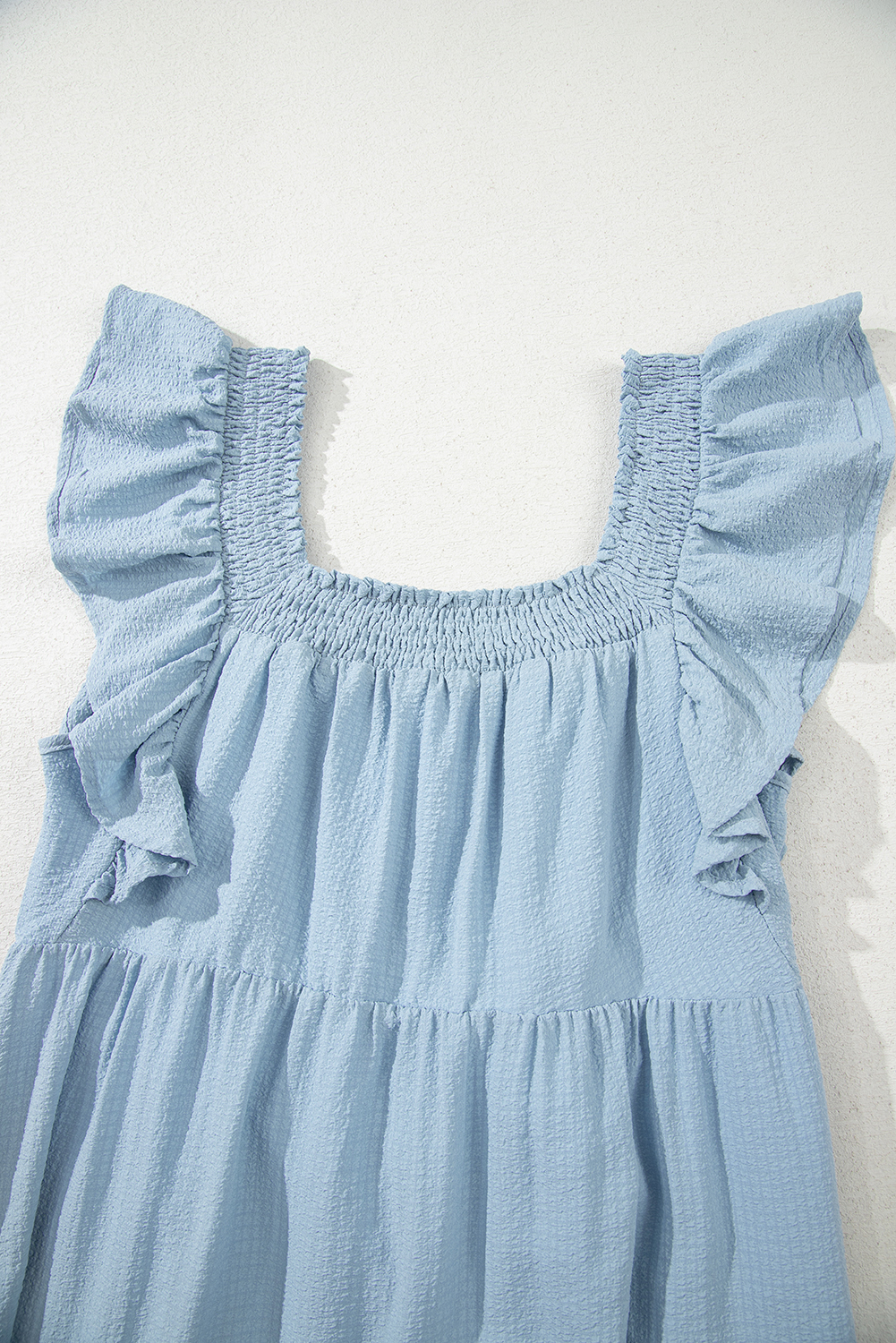 Sky Blue Ruffled Flutter Sleeve Square Neck Textured Tiered Maxi Dress - loveforevers