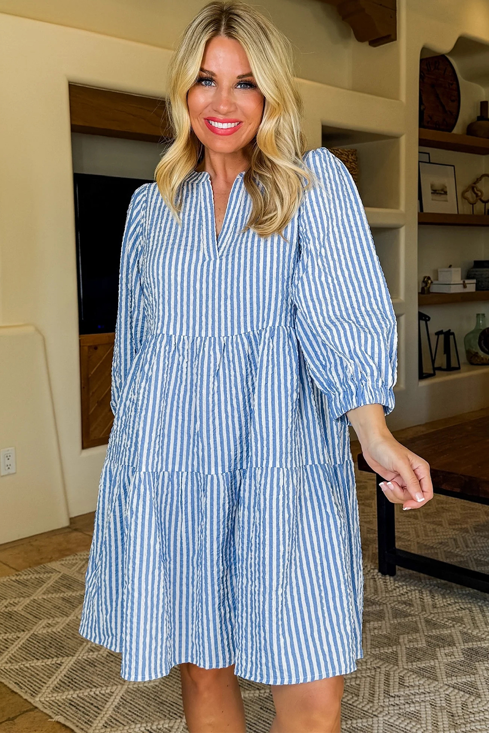 Sky Blue Stripe Bracelet Sleeve Tiered Shift Dress with Pockets - loveforevers