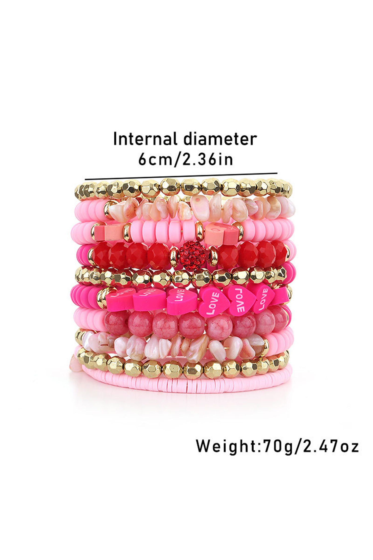 Rose Red 10pcs Polymer Clay Crystal Bead Valentines Heart Multilayer Bracelet Set - loveforevers