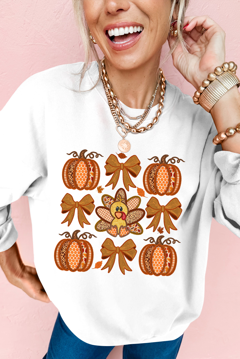 White Cute Turkey Fall Pumpkin Bow Print Drop Shoulder Sweatshirt - loveforevers