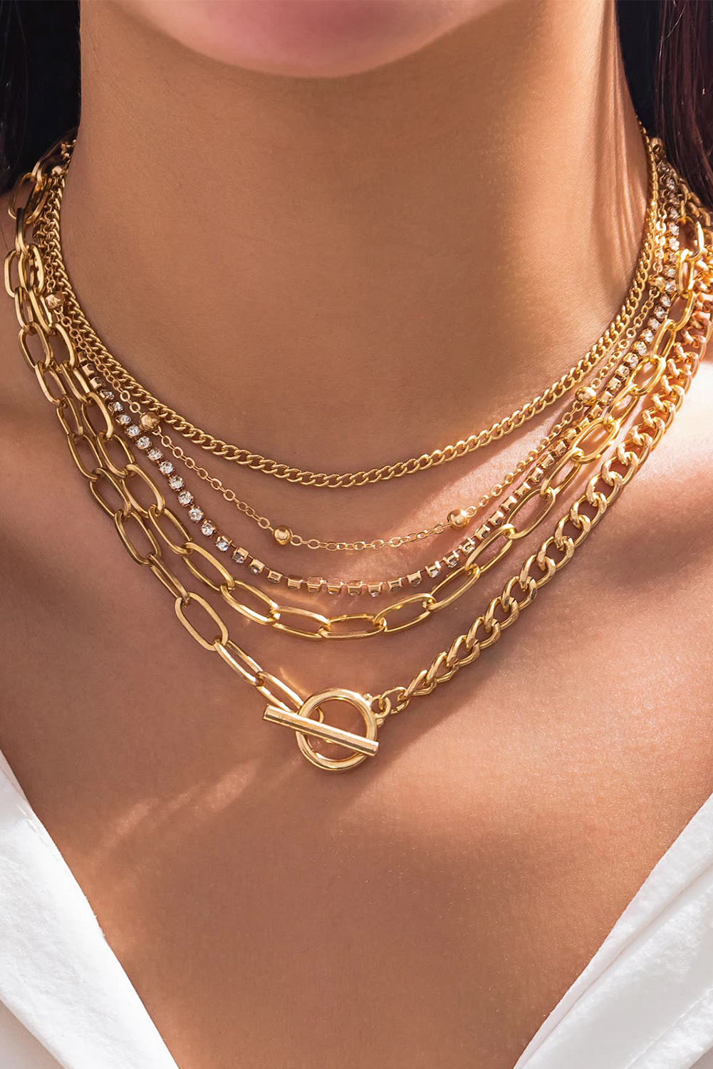 Silvery 5pcs Layered Rhinestone Plated Chain Collarbone Necklaces Set - loveforevers