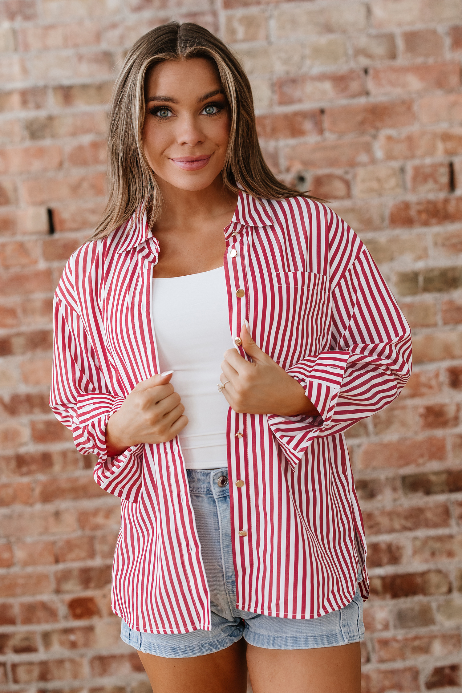 Red Stripe Patched Pocket Side Slit Loose Shirt - loveforevers