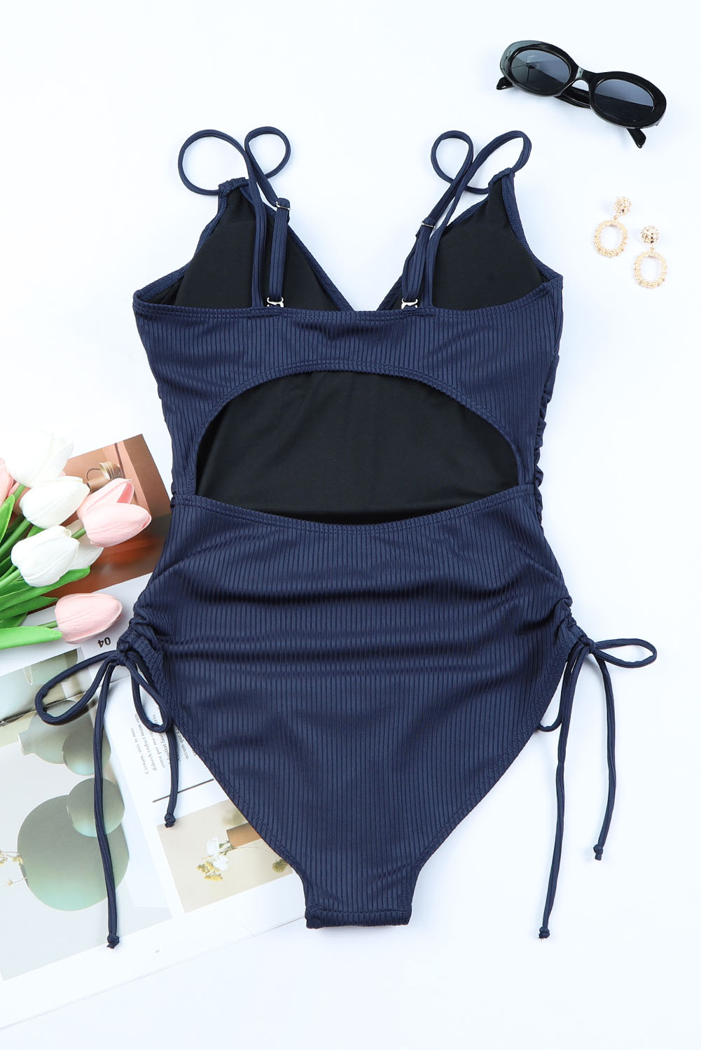 Blue Adjustable Straps Ribbed Knit One Piece Swimsuit - loveforevers