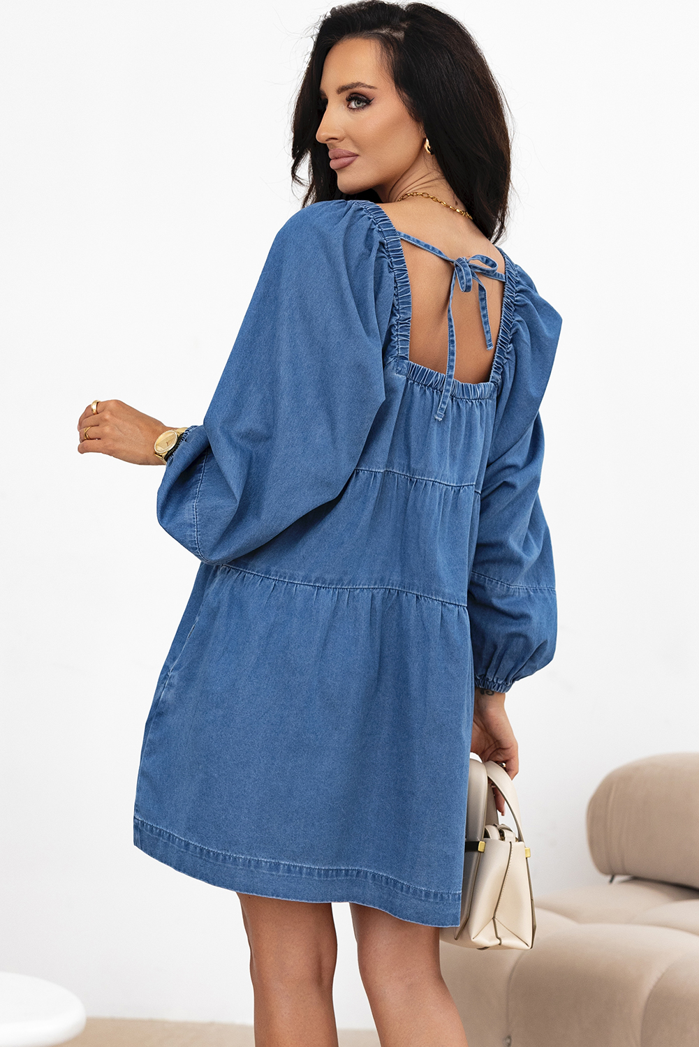 Dusk Blue Square Neck Side Pockets Loose Fit Denim Mini Dress - loveforevers