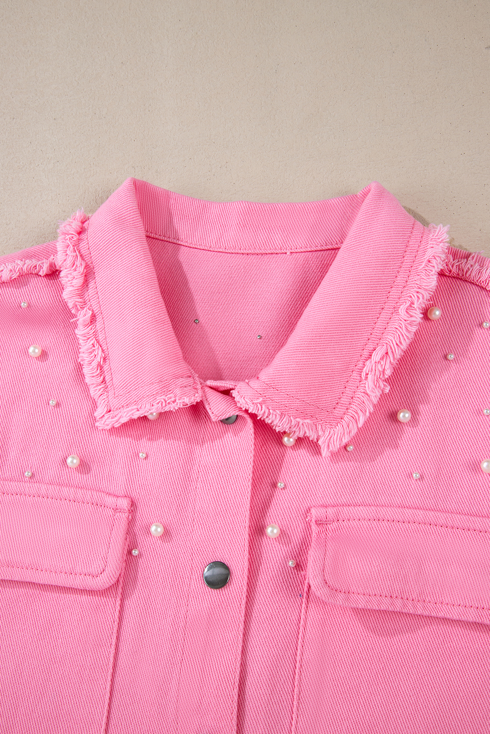 Bonbon Pearl Beaded Raw Hem Button Up Denim Jacket - loveforevers