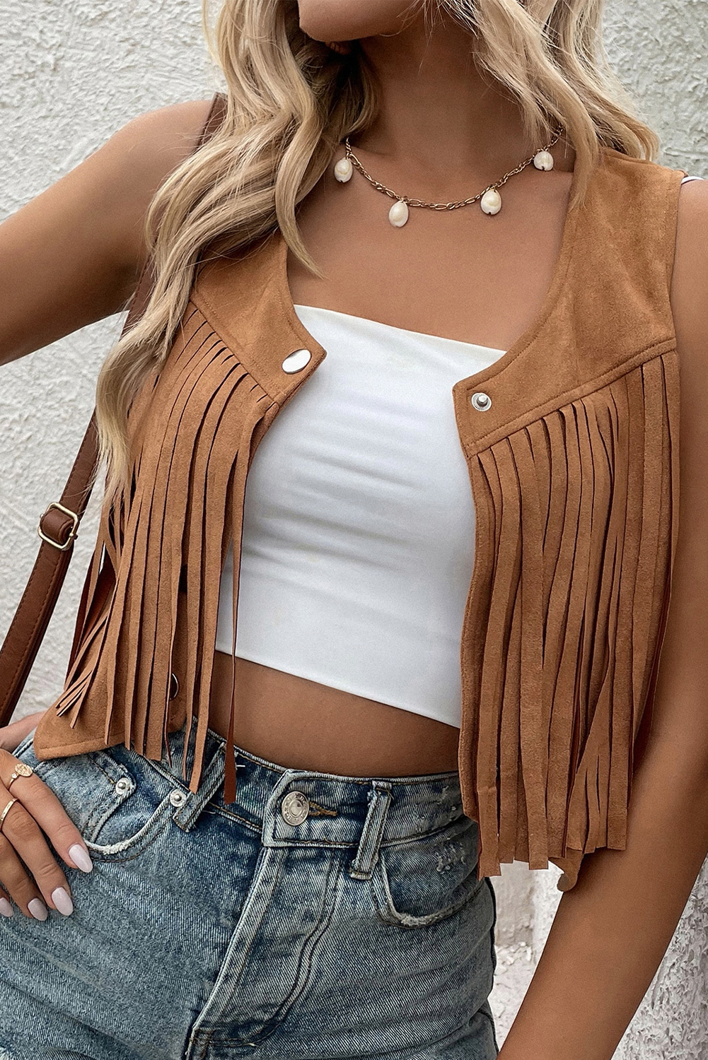 Camel Fringed Snap Button Front Suedette Vest - loveforevers