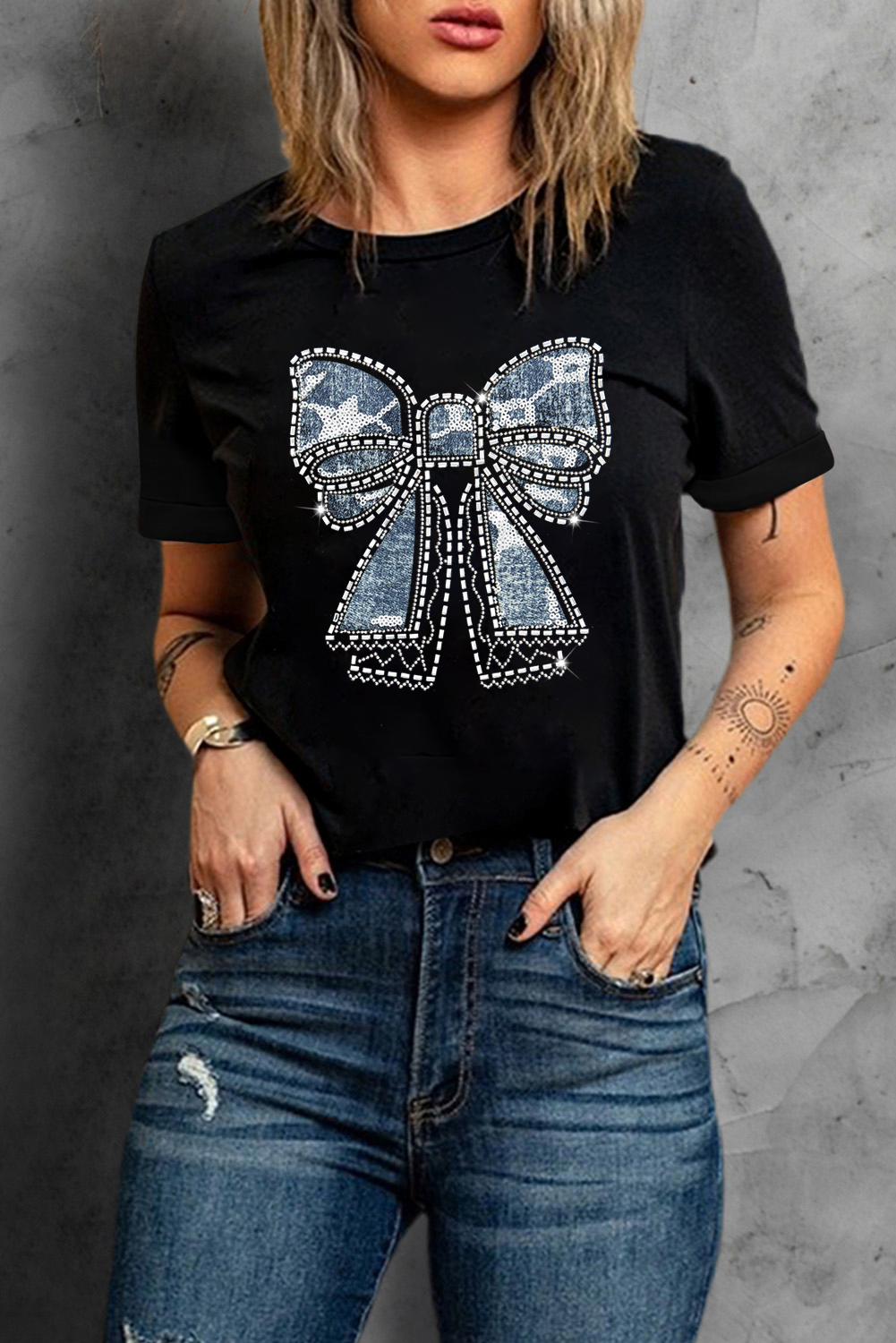 Black Rhinestone Bowknot Graphic Crewneck T Shirt - loveforevers