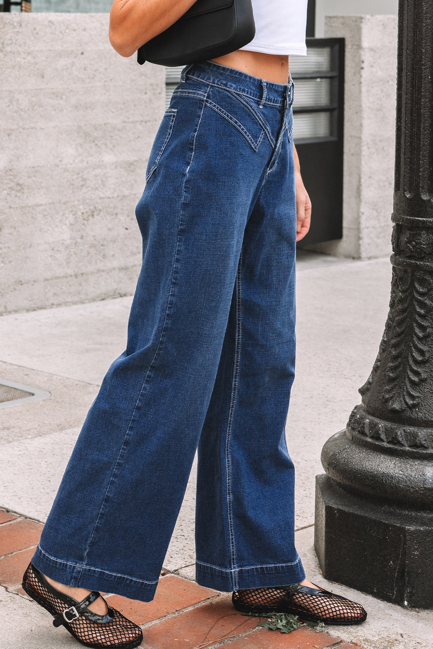 Sail Blue Stitched Waist Detail Loose Cuffed Jeans - loveforevers