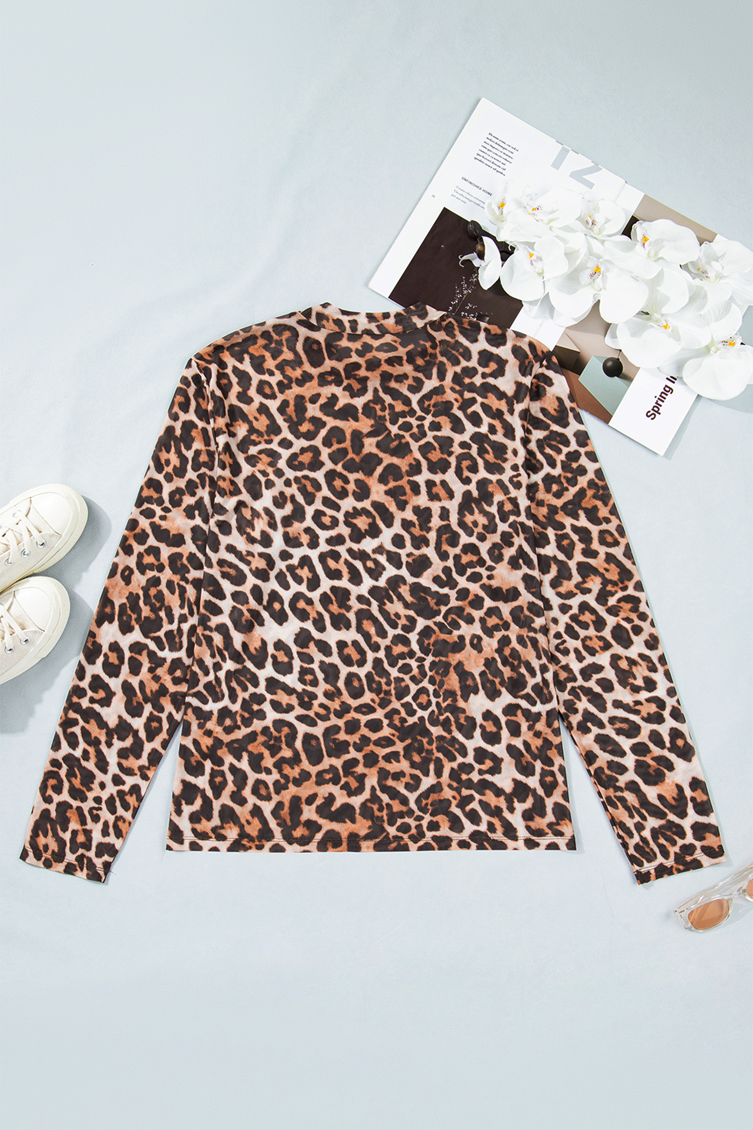 Brown Leopard Mock Neck Long Sleeve Mesh Top - loveforevers