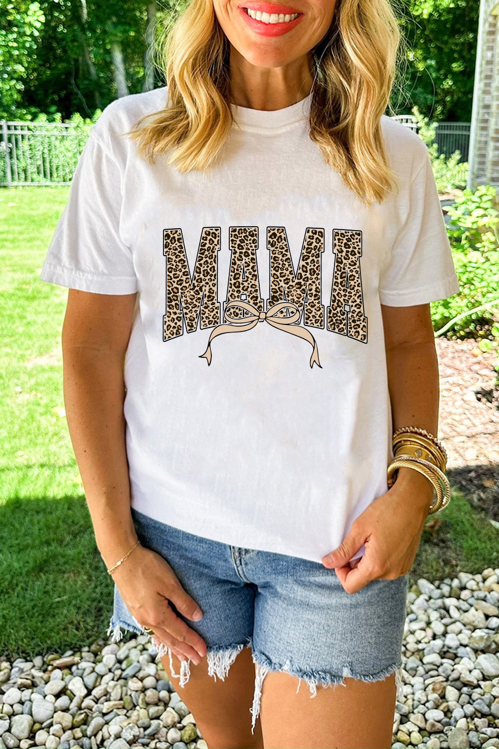 White Leopard Bow MAMA Graphic Crew Neck T Shirt - loveforevers
