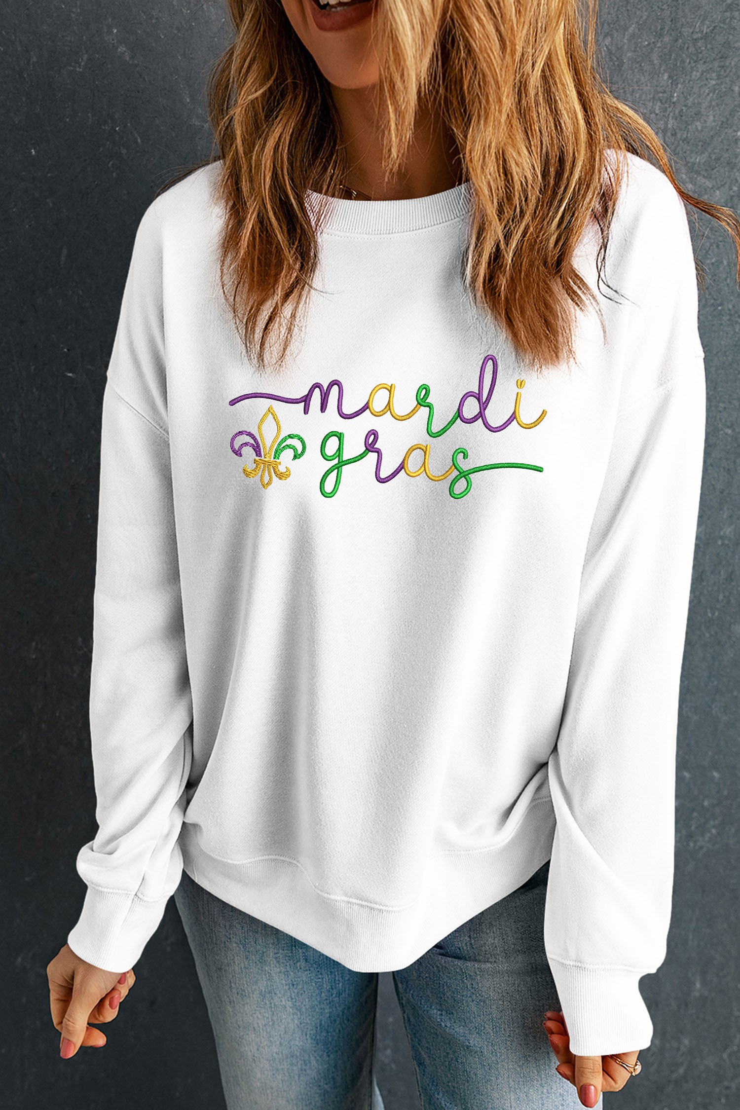 White mardi gras Fleur De Lis Embroidered Graphic Pullover Sweatshirt - loveforevers