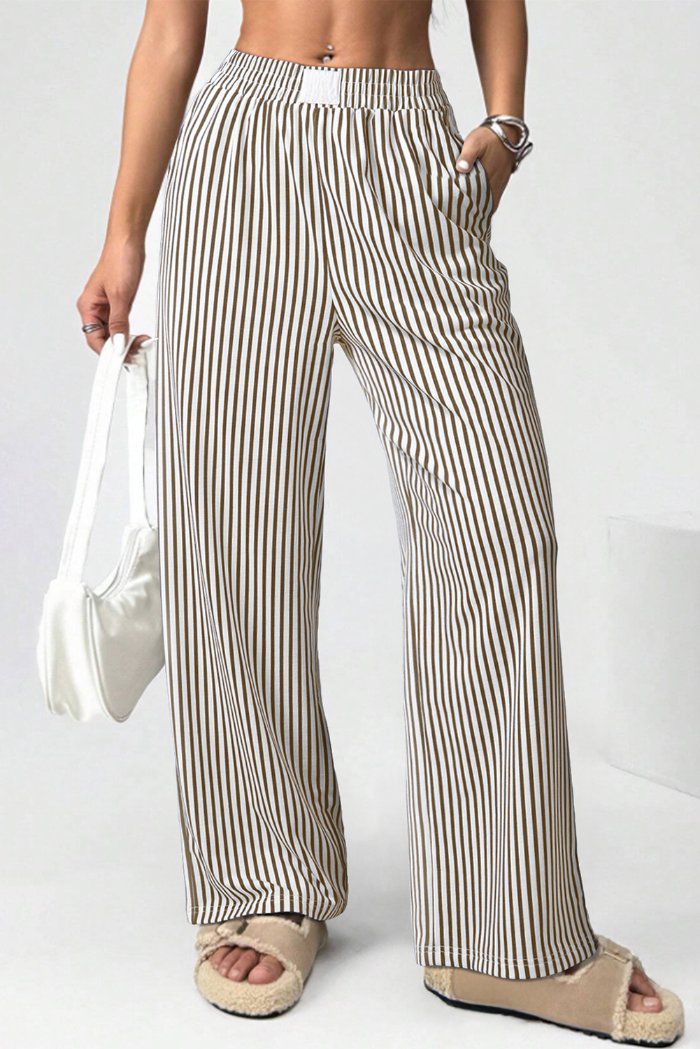 Brown Stripe Elastic High Waist Pocketed Loose Pants - loveforevers