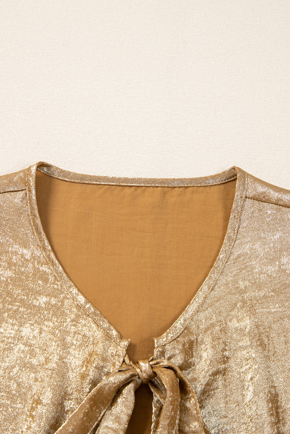 Gold Bow Tie Front Puff 3/4 Sleeve Ruffle Hem Blouse - loveforevers