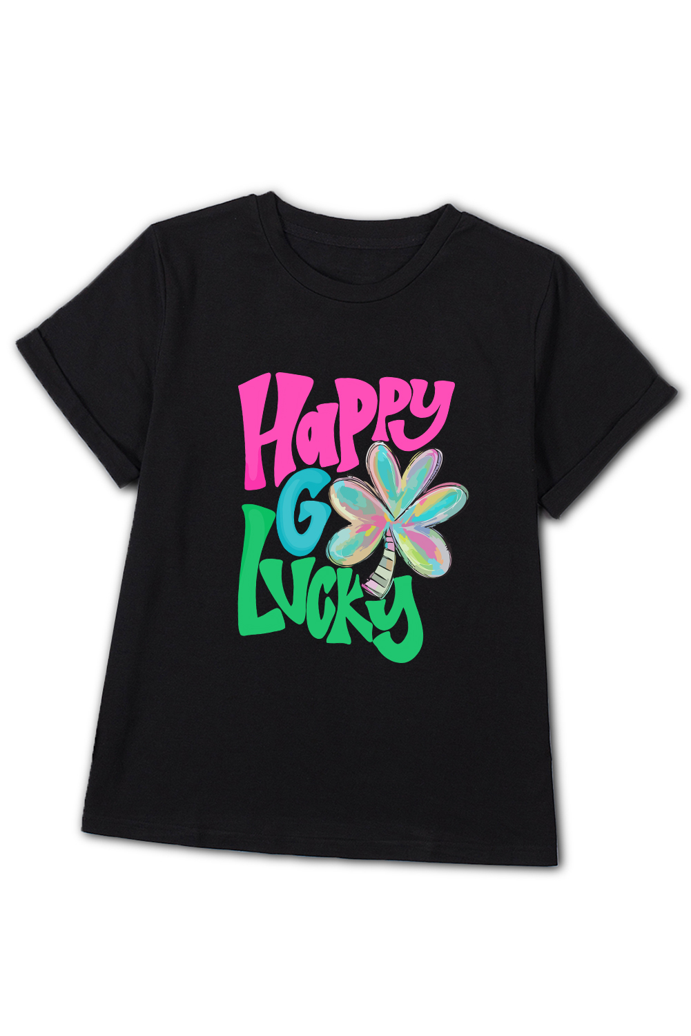 Black St. Patricks Lucky Clover Print O Neck T Shirt - loveforevers