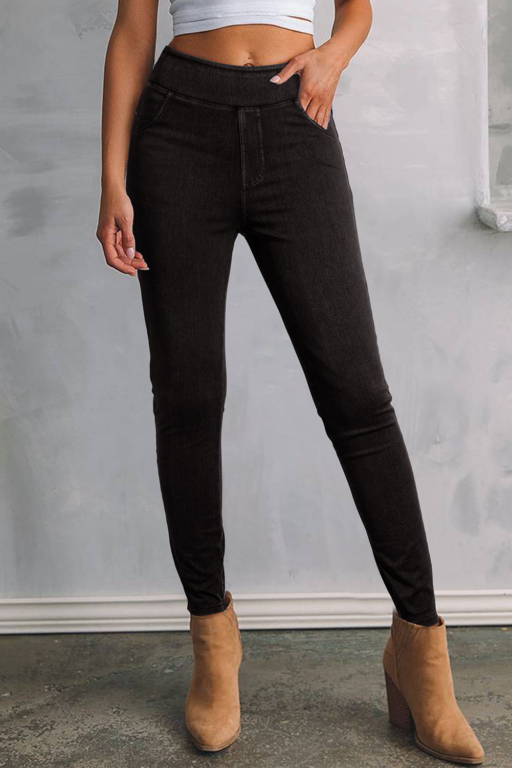 Black Solid Color High Waist Stretchy Slim Fit Jeggings - loveforevers
