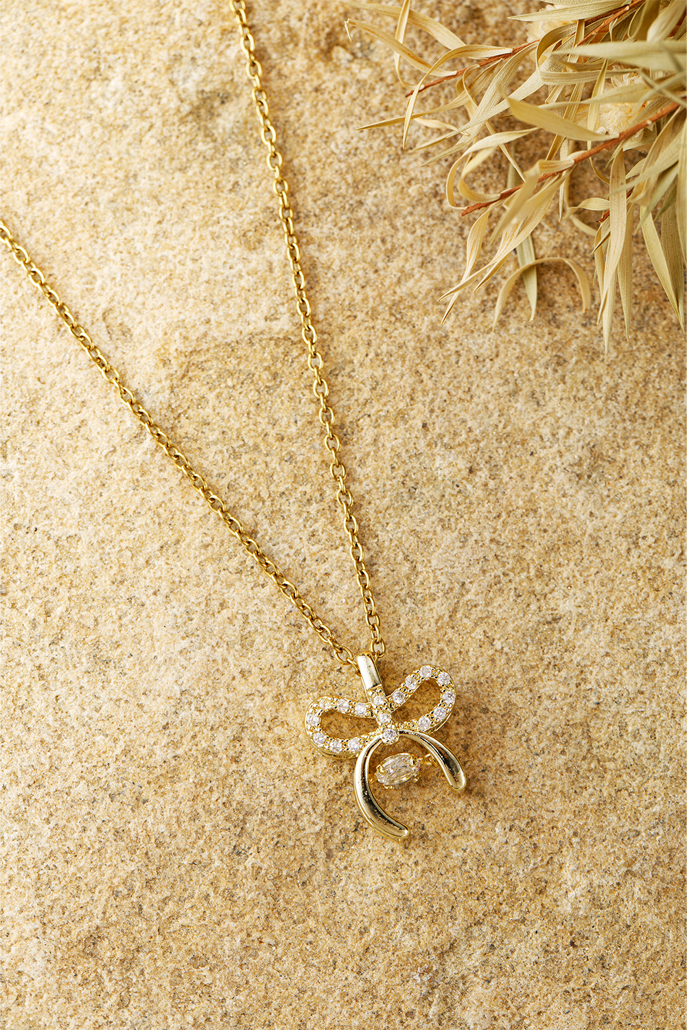Gold Rhinestone Bow Knot Pendant Plated Alloy Necklace - loveforevers
