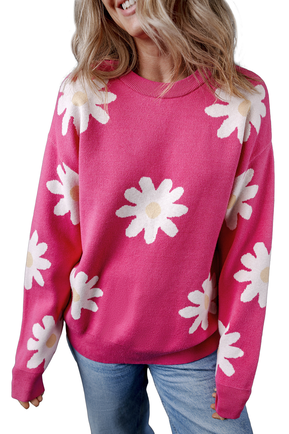 Bright Pink Daisy Flower Crew Neck Long Sleeve Sweater - loveforevers
