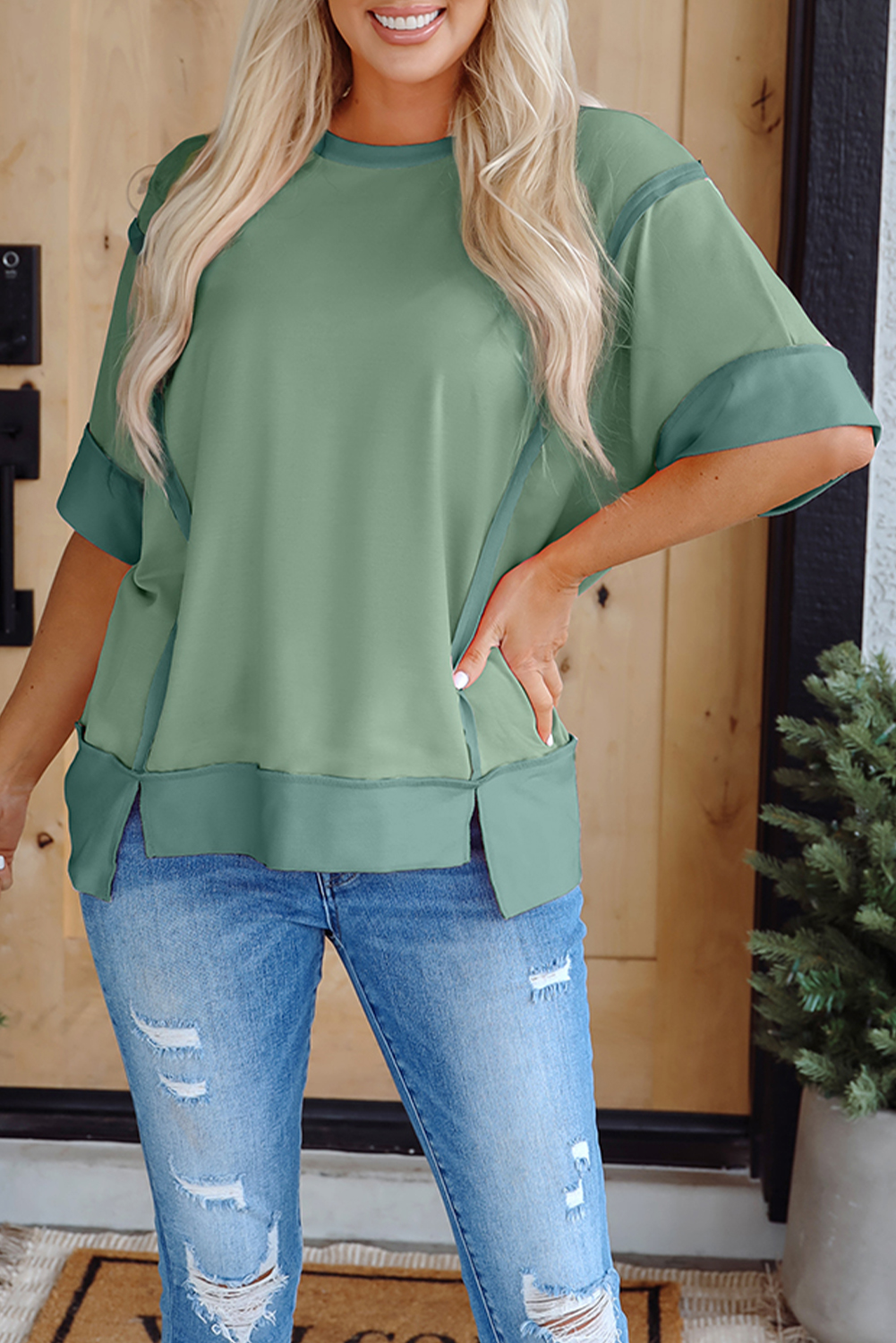 Smoke Green Half Sleeve Raw Seam High Low Side Split Top - loveforevers
