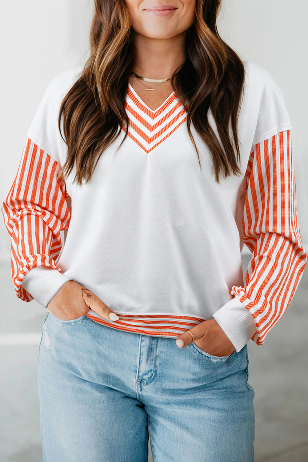 Orange Stripe  V Neck Drop Shoulder Patchwork Long Sleeve Top - loveforevers