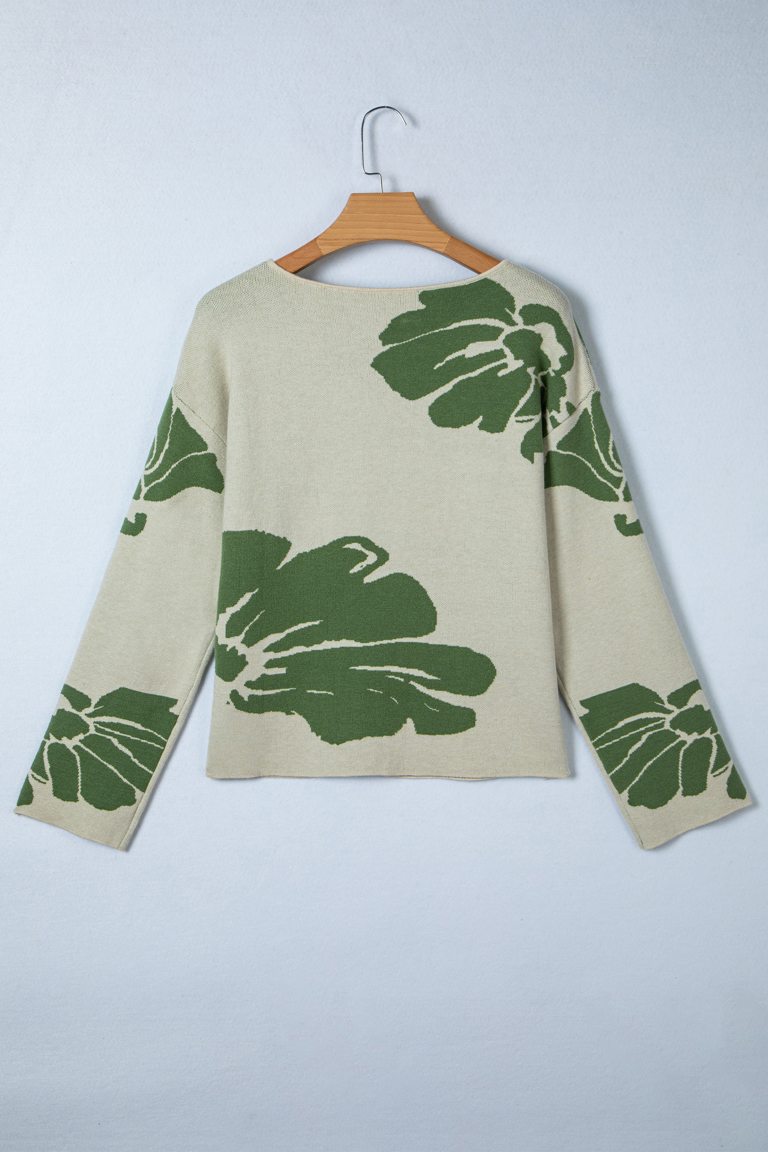 Beige Bold Flower Pattern Wide Sleeve Baggy Sweater - loveforevers