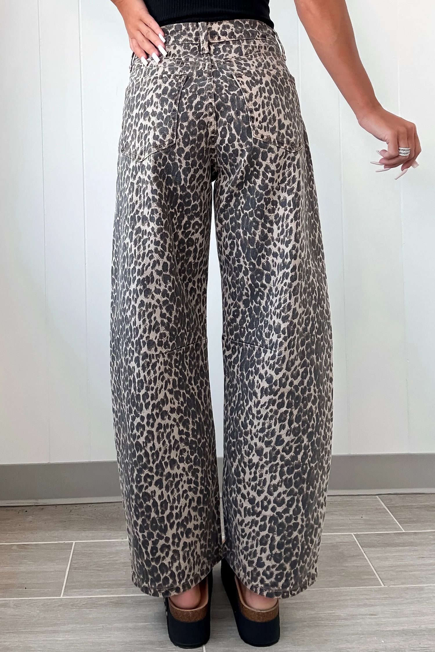 Black Leopard Print High Waist Barrel Jeans - loveforevers