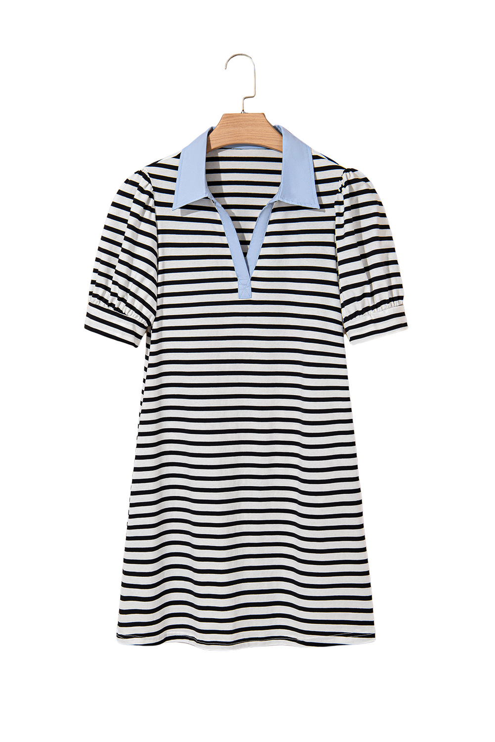 Black Stripe Contrast V Neck Collared Puff Sleeve T Shirt Mini Dress with Pockets - loveforevers