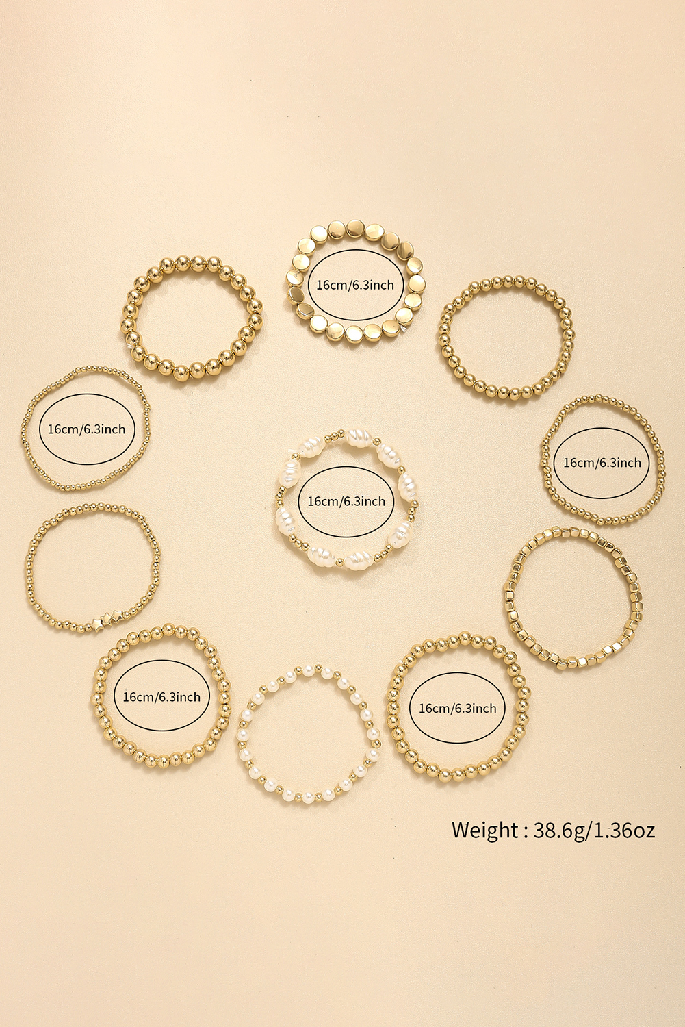 Gold 11pcs Alloy Pleated Pearl Beading Bracelet - loveforevers