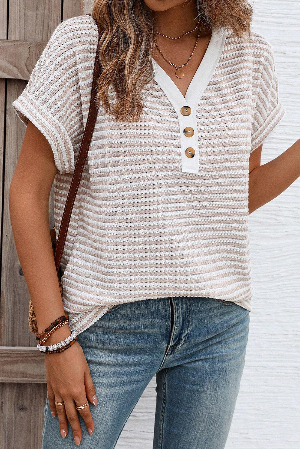 Khaki Stripe Buttoned Front V Neck Knitted T Shirt - loveforevers