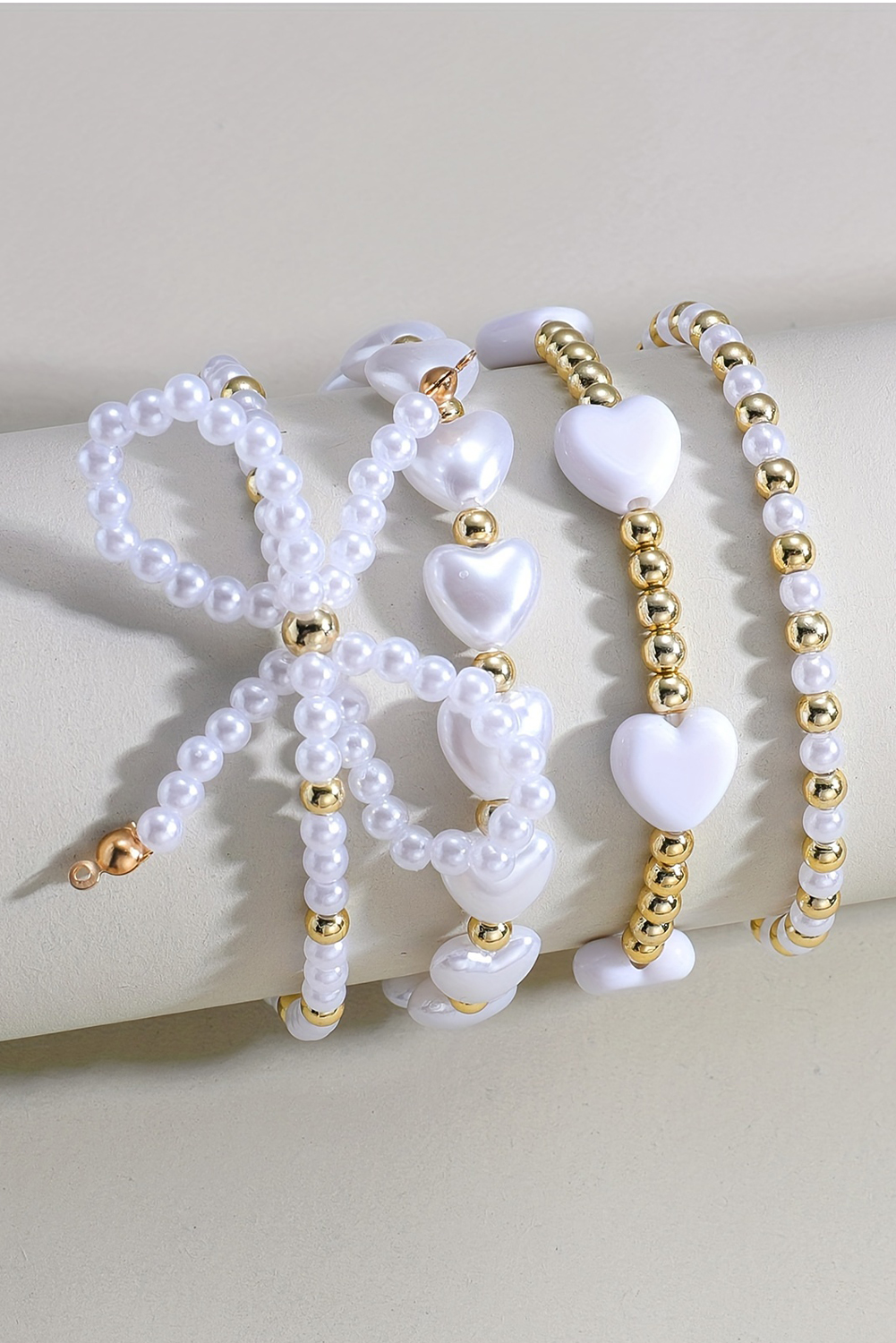 White Bow Knot Heart Shape Faux Pearl Beaded Bracelet Set - loveforevers