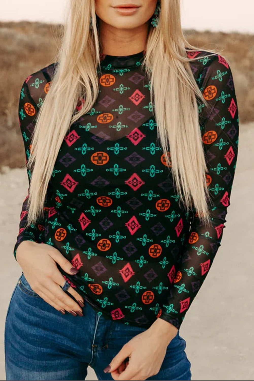 Black Western Aztec Printed Long Sleeve Mesh Top - loveforevers