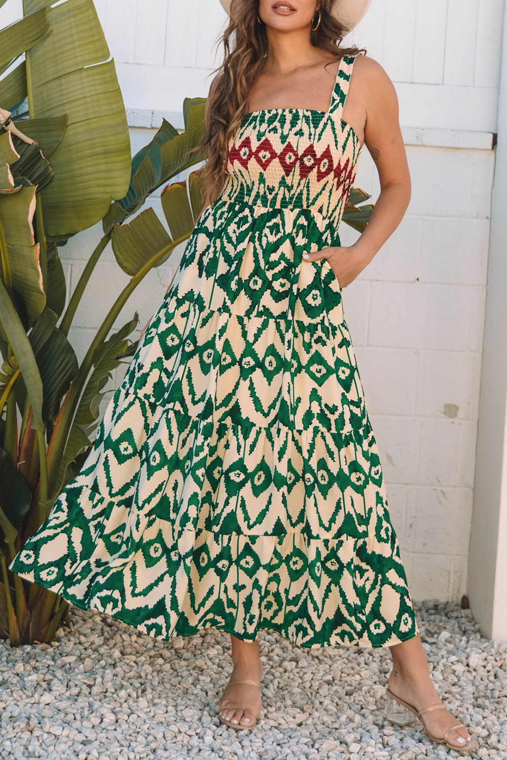 Green Western Aztec Shirred A-line Sleeveless Maxi Dress - loveforevers