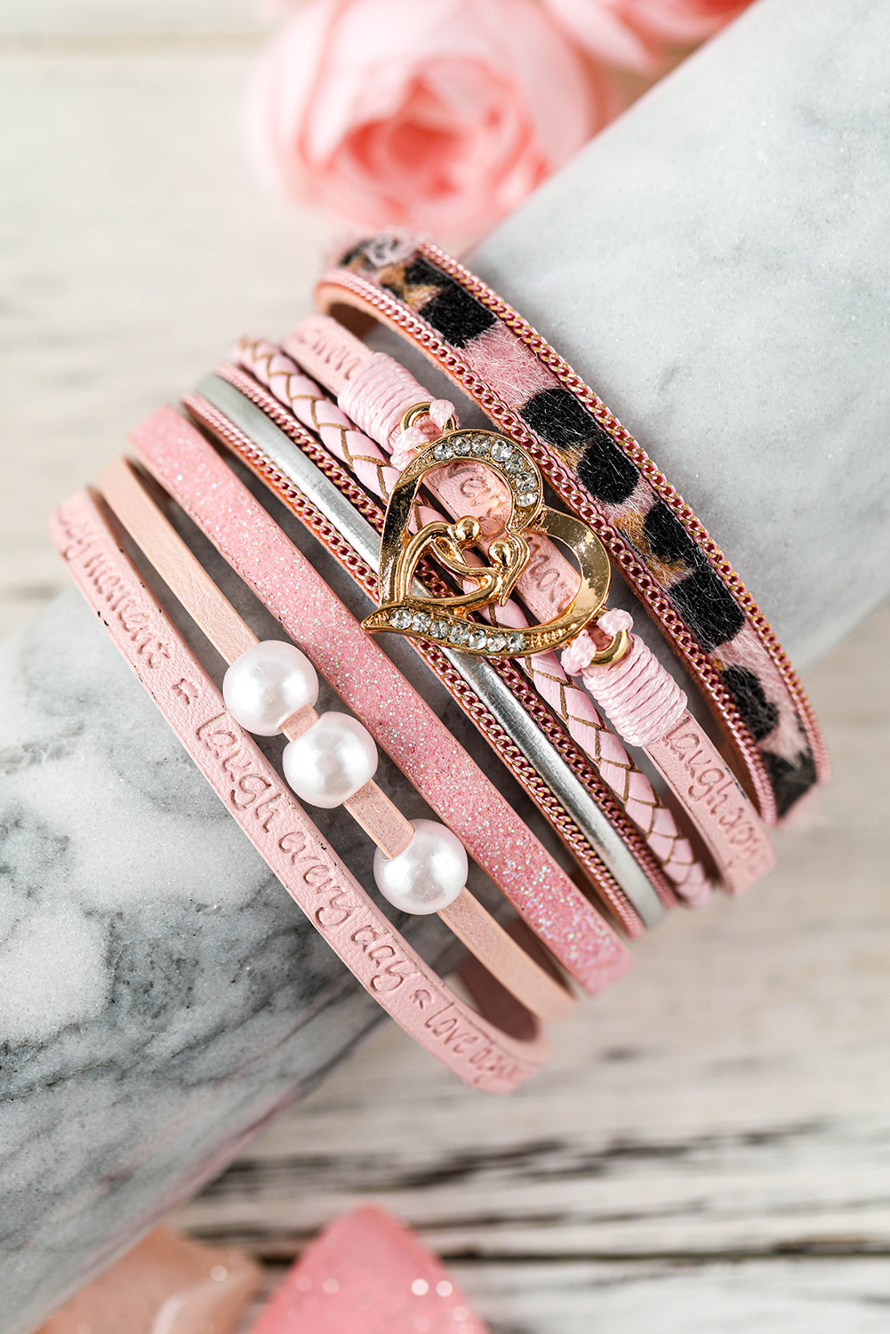 Pink Leopard Letter Print Heart Shaped Magnetic Buckle Bracelet - loveforevers