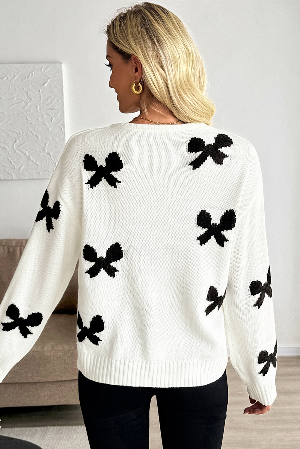 White Lace-up Bow Pattern Sweater Cardigan - loveforevers