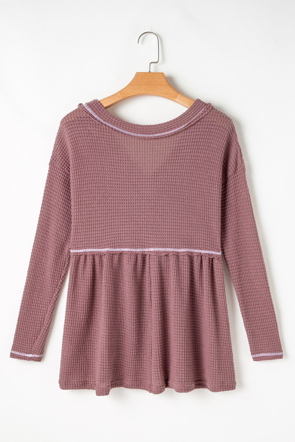 Pink Waffle Knit V Neck Long Sleeve Babydoll Top - loveforevers