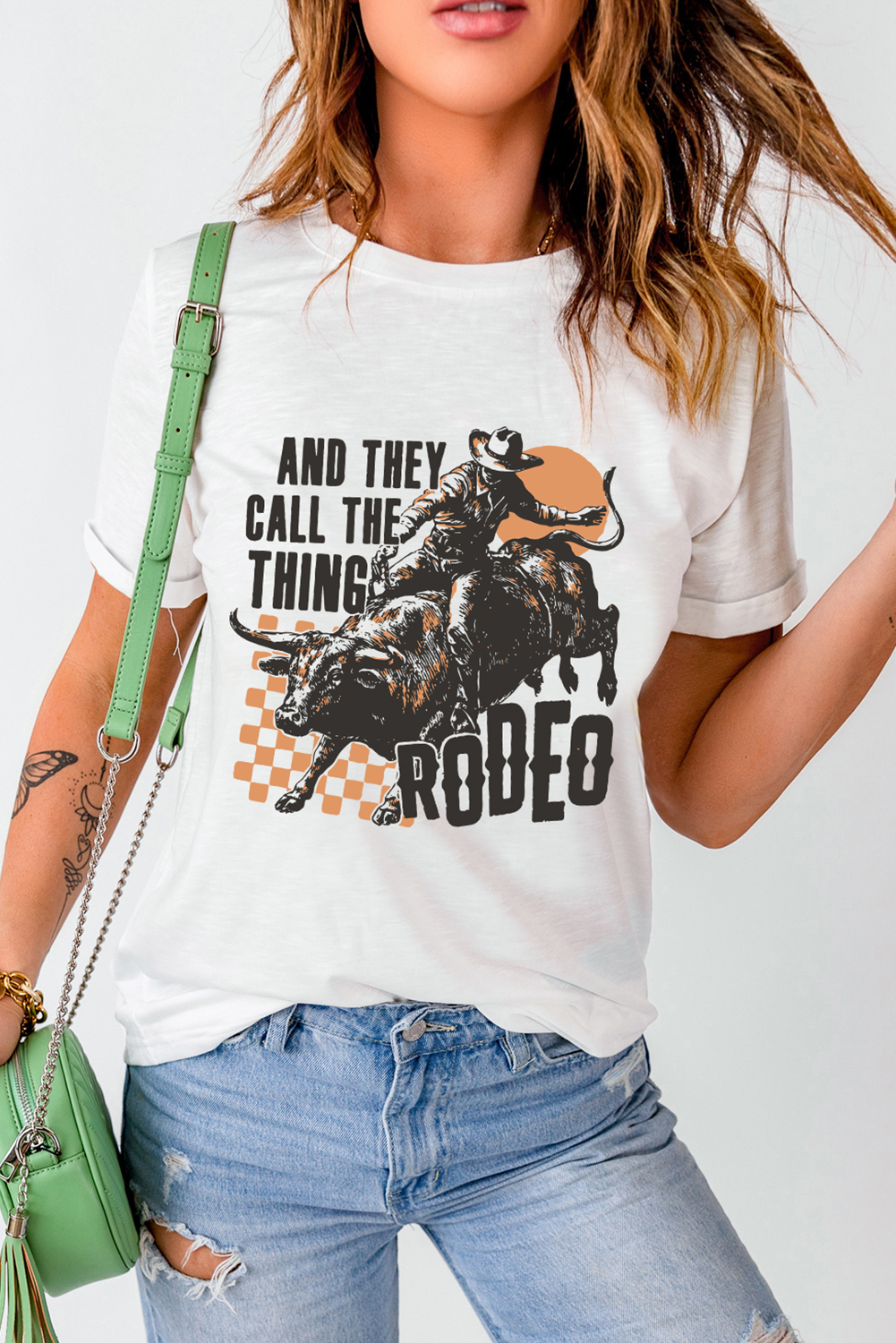 White AND THEY CALL THE THING RODEO Graphic Crewneck Tee - loveforevers