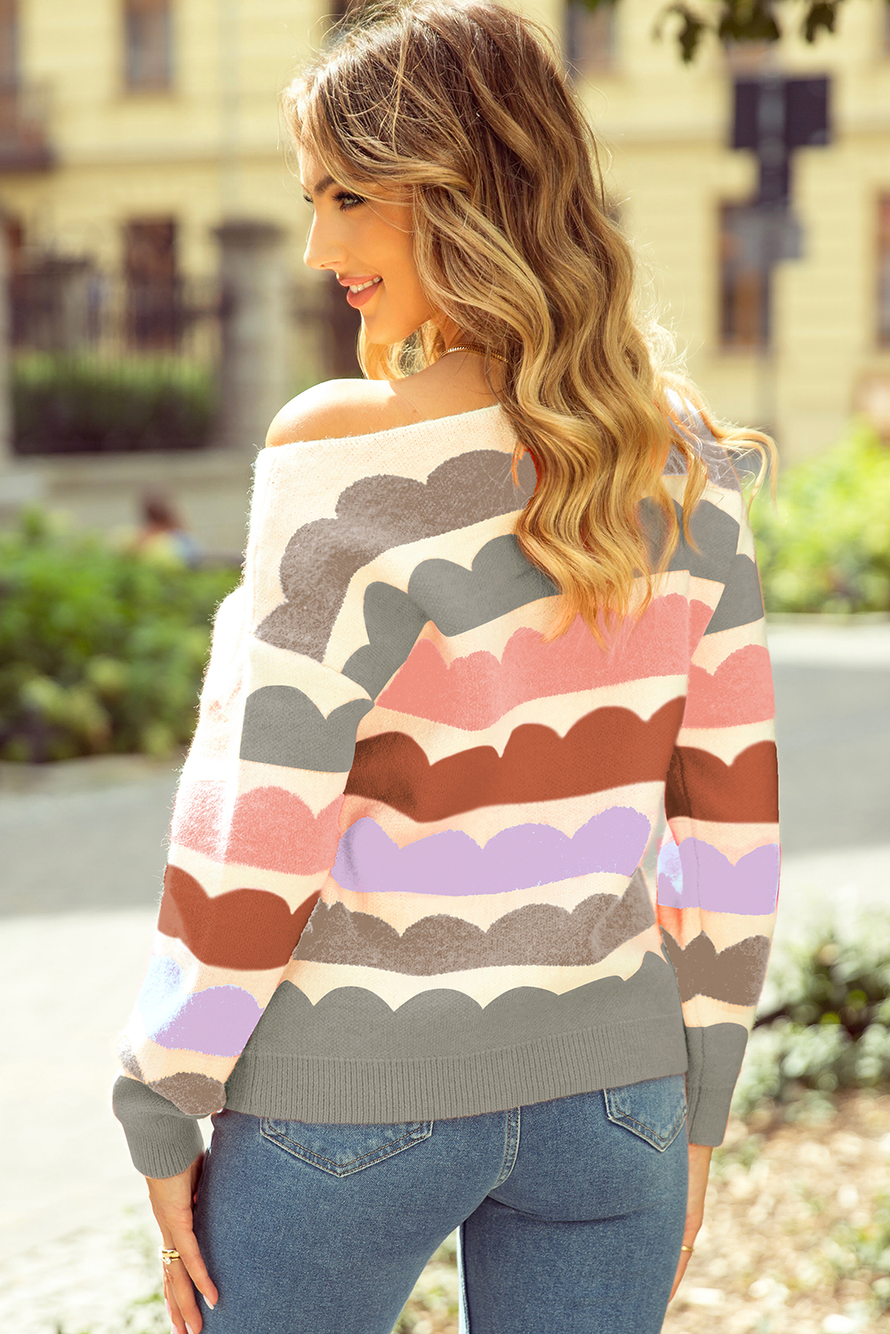 Rose Red Wave Striped Balloon Sleeve Drop Shoulder Sweater - loveforevers