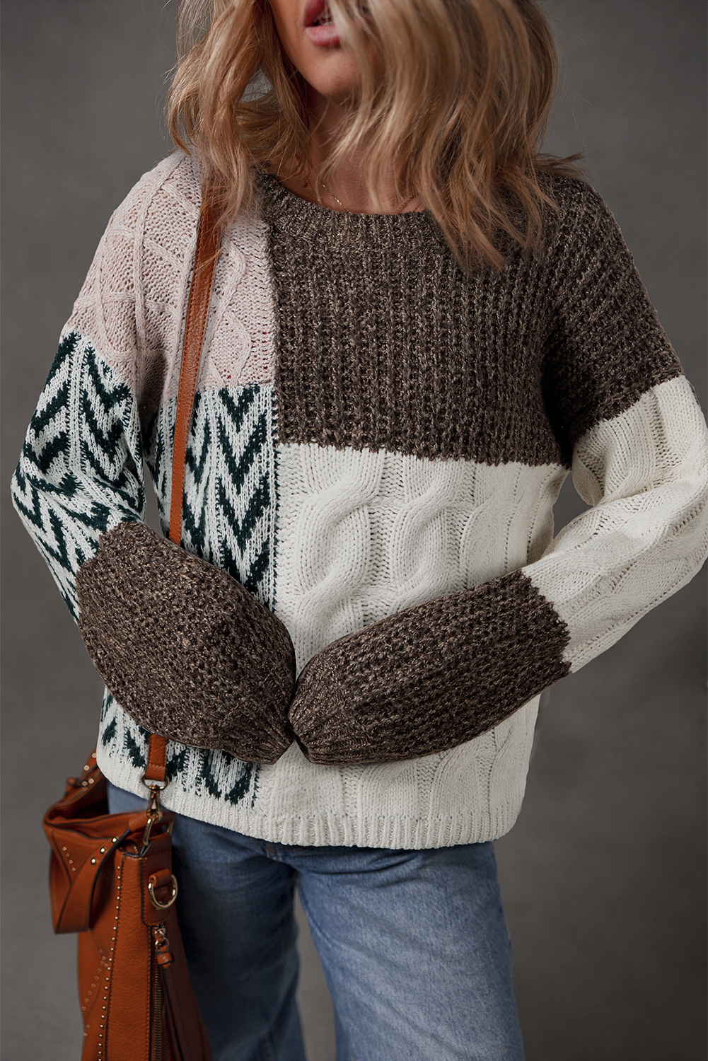 Brown Color Block Patchwork Knotted Back Loose Fit Sweater - loveforevers