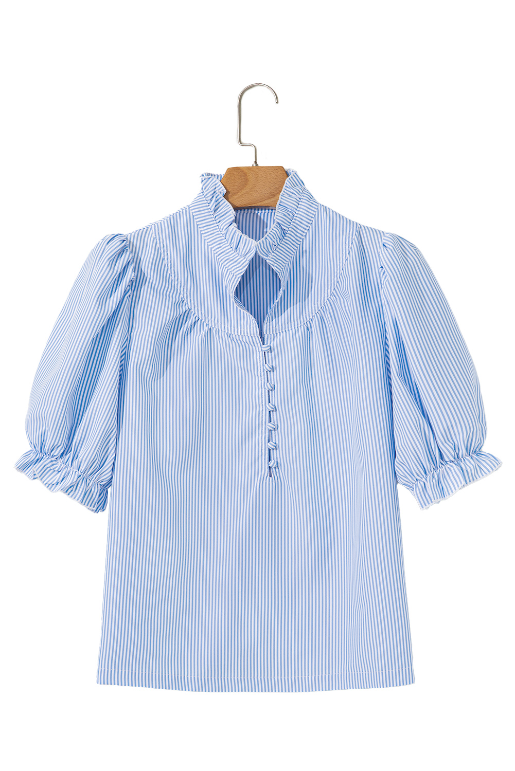 Sky Blue Stripe Ruffled Collar Puff Sleeve Half Buttons Blouse - loveforevers