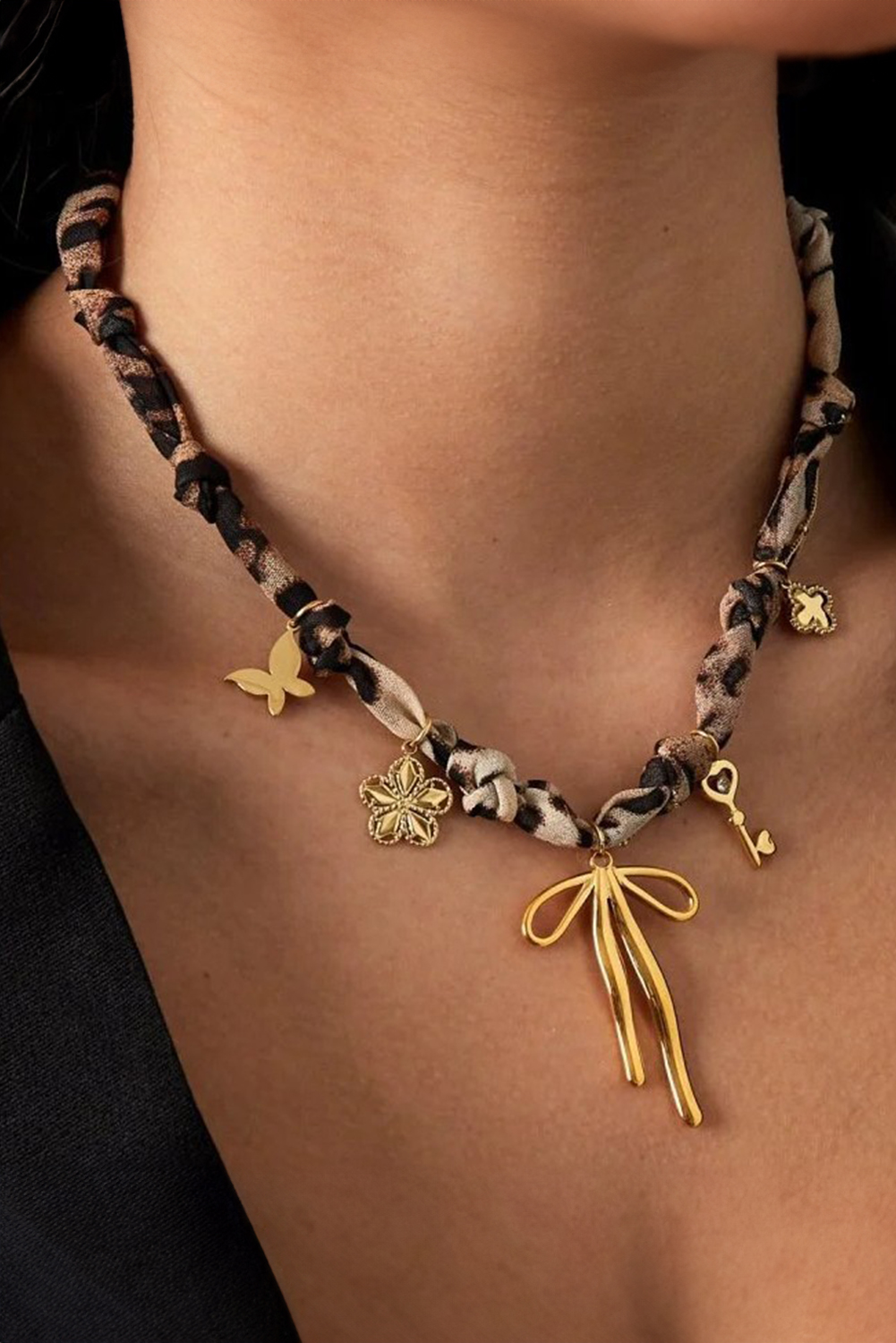 Gold Plated Bow Stainless Steel Pendant Leopard Scarf Necklace - loveforevers