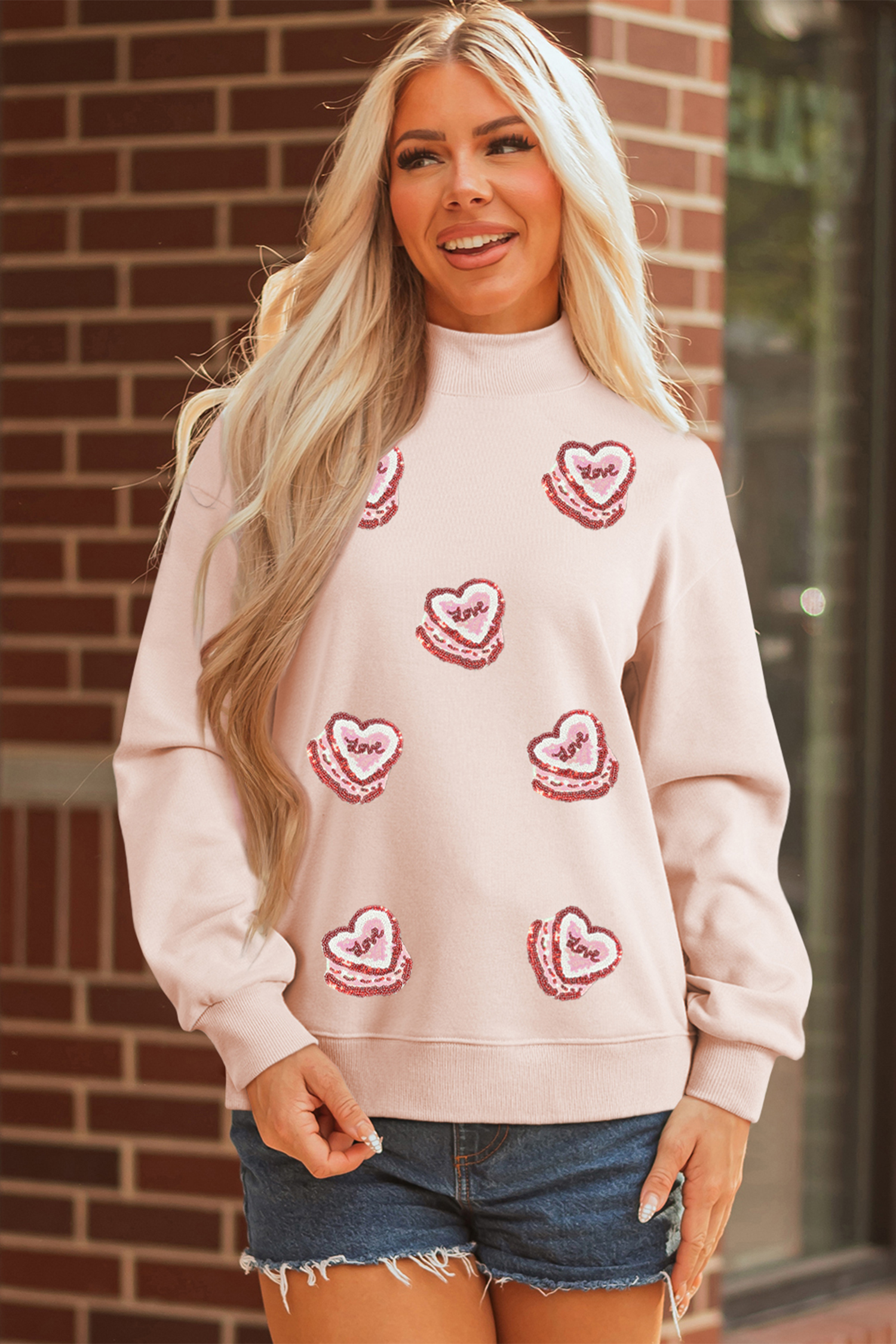 Apricot Pink Sequin Heart Patched Love Cake Mock Neck Sweatshirt - loveforevers