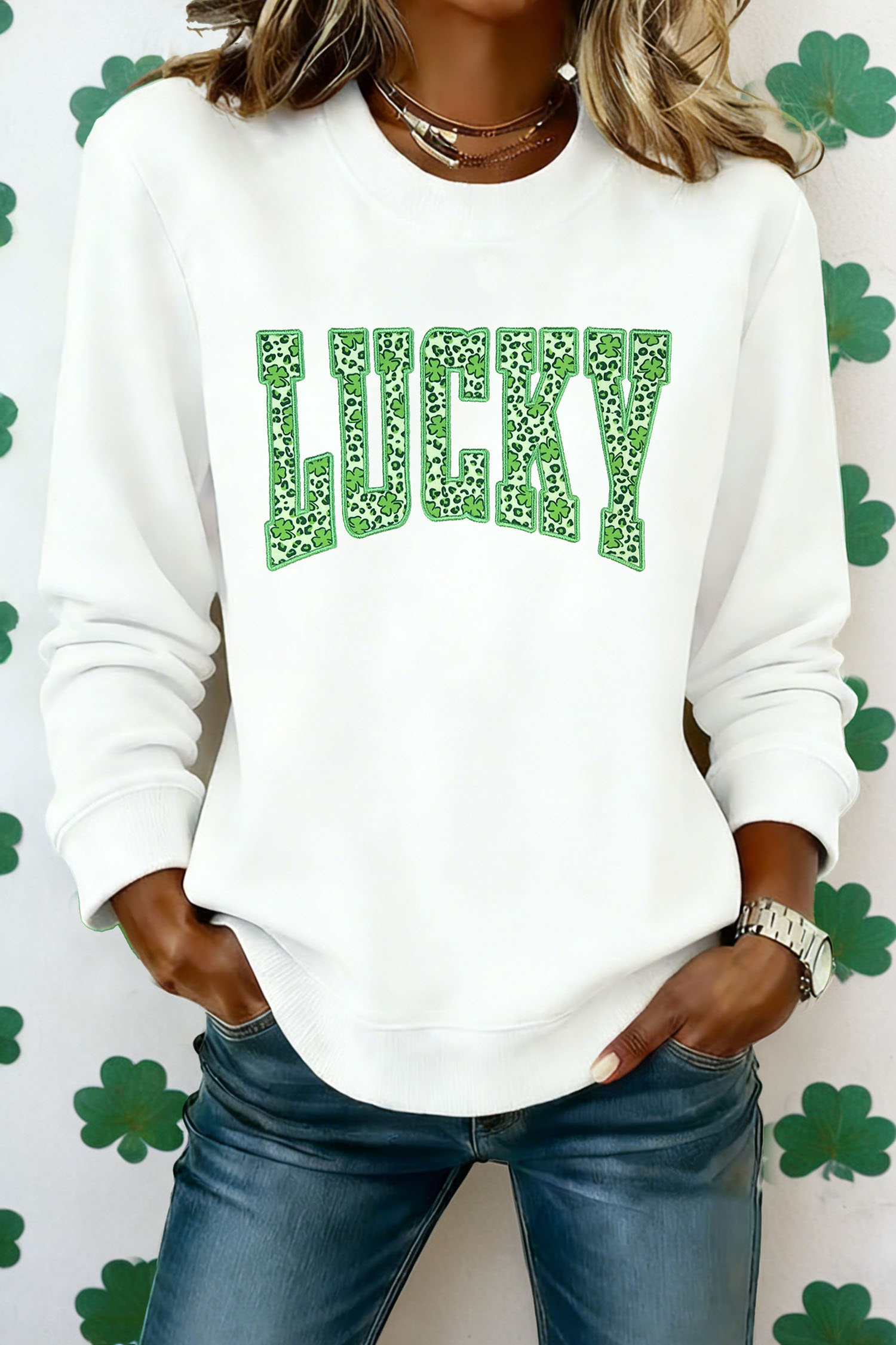White Leopard Cover LUCKY Embroidered Patch Graphic Sweatshirt - loveforevers