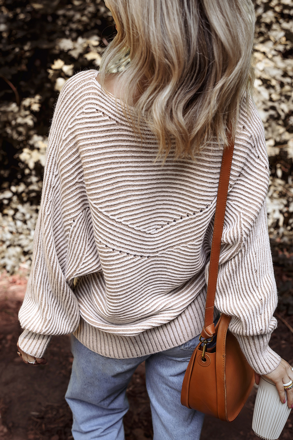Coffee Striped Print Ribbed Knit Boat Neck Baggy Sweater - loveforevers