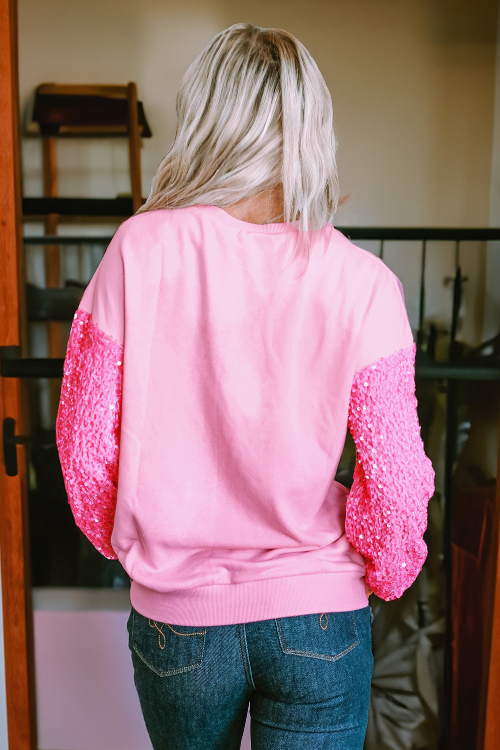 Pink Easter Bunny Patched Graphic Sequin Long Sleeve Top - loveforevers