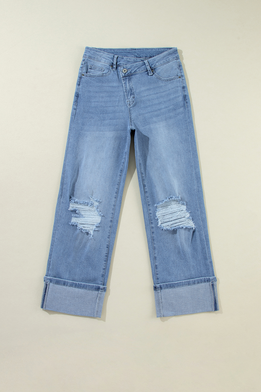 Dusk Blue High Rise Asymmetric Button Zip Fly Ripped Jeans - loveforevers