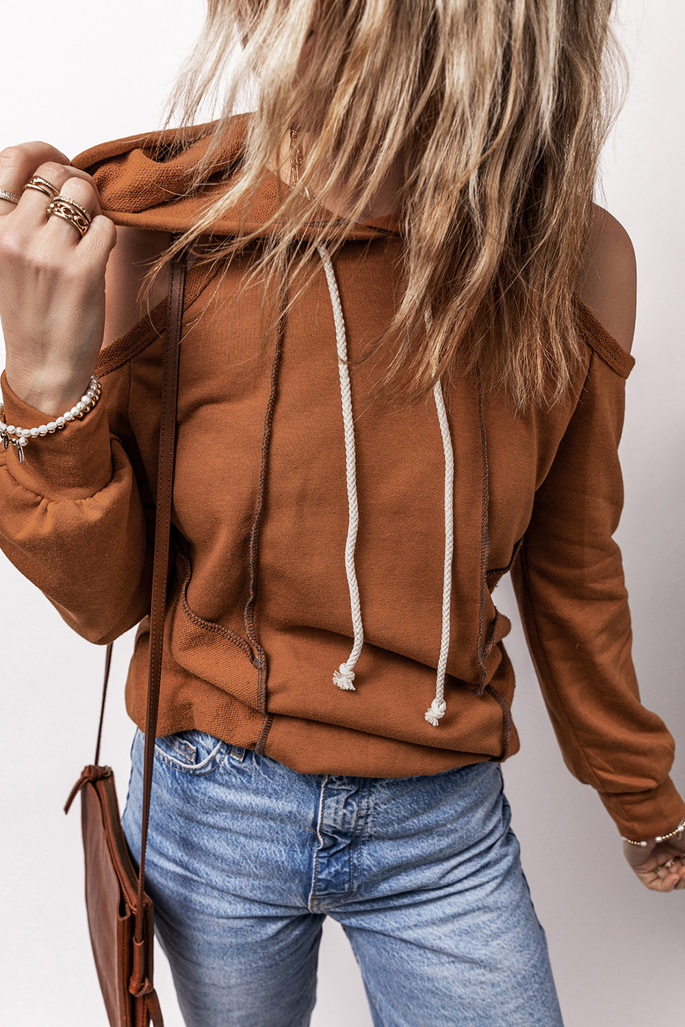 Cinnamon Exposed Seam Cold Shoulder Drawstring Hoodie - loveforevers