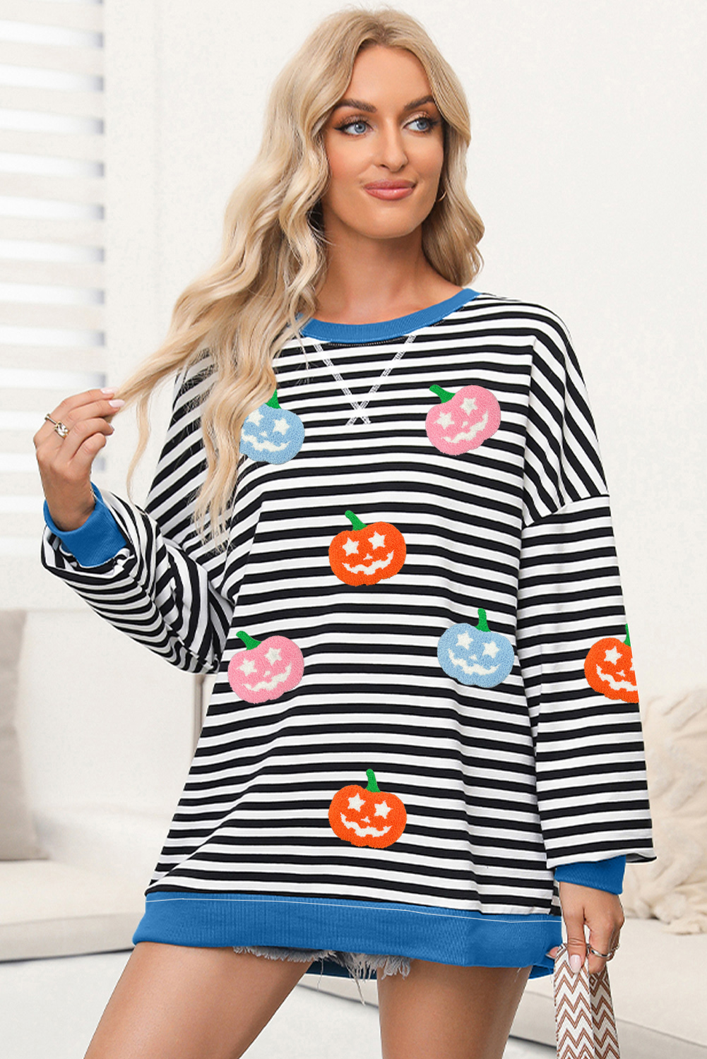 White Stripe Pumpkin Face Patched Pattern Crew Neck Sweatshirt - loveforevers