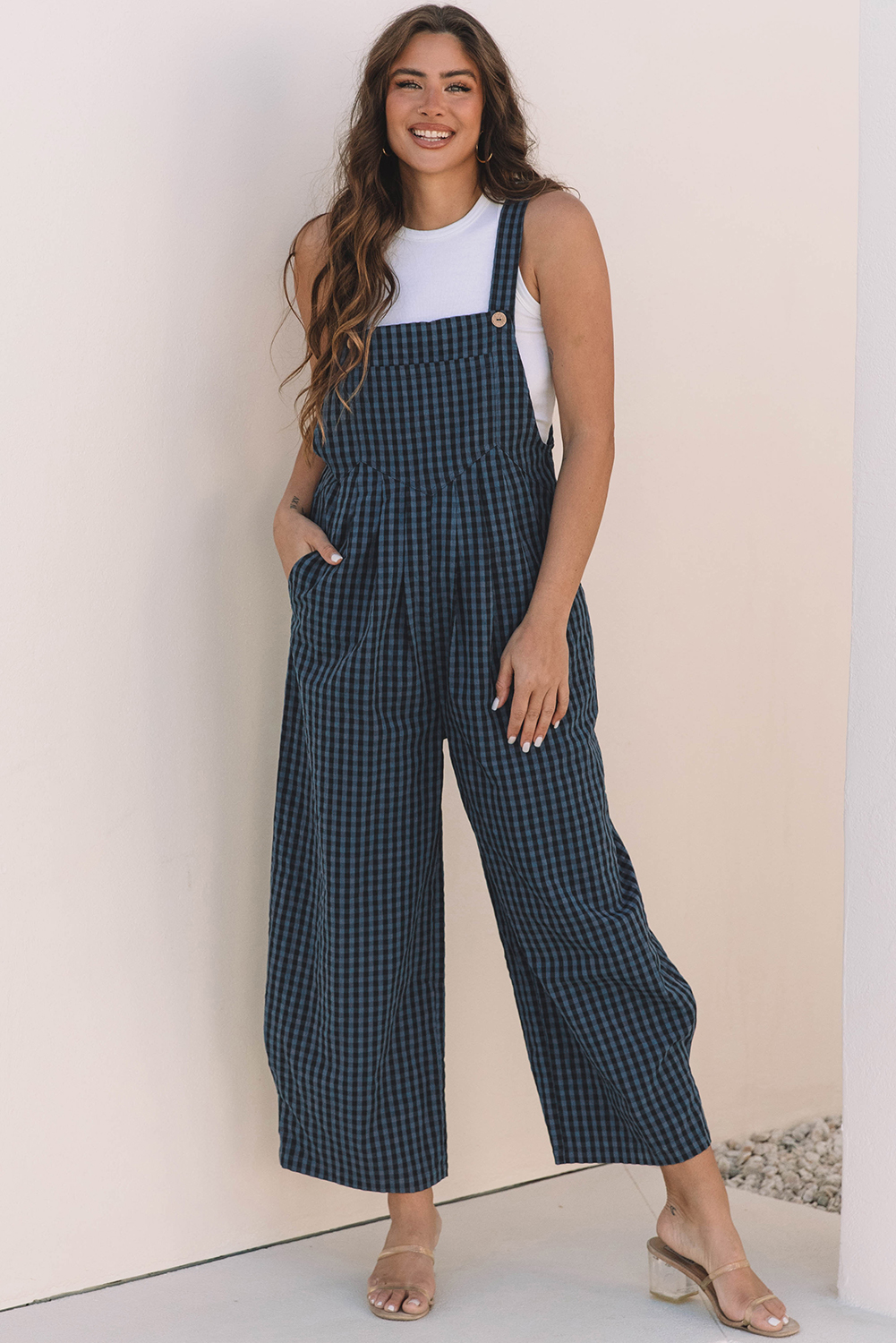 Sail Blue Plaid Print Buttoned Pocketed High Waist Overall - loveforevers
