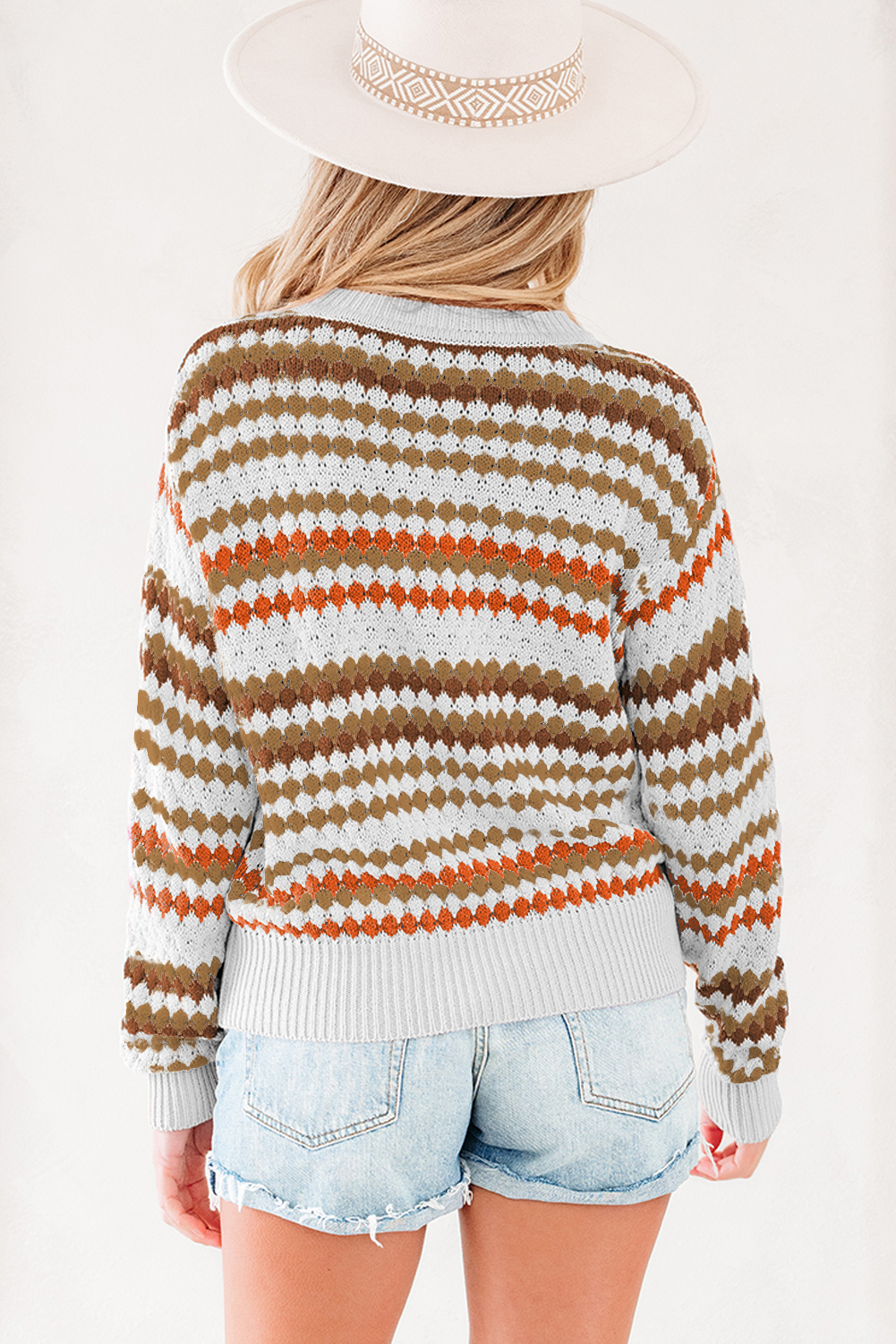 Brown Stripe Eyelet Patterned Drop Shoulder Sweater - loveforevers